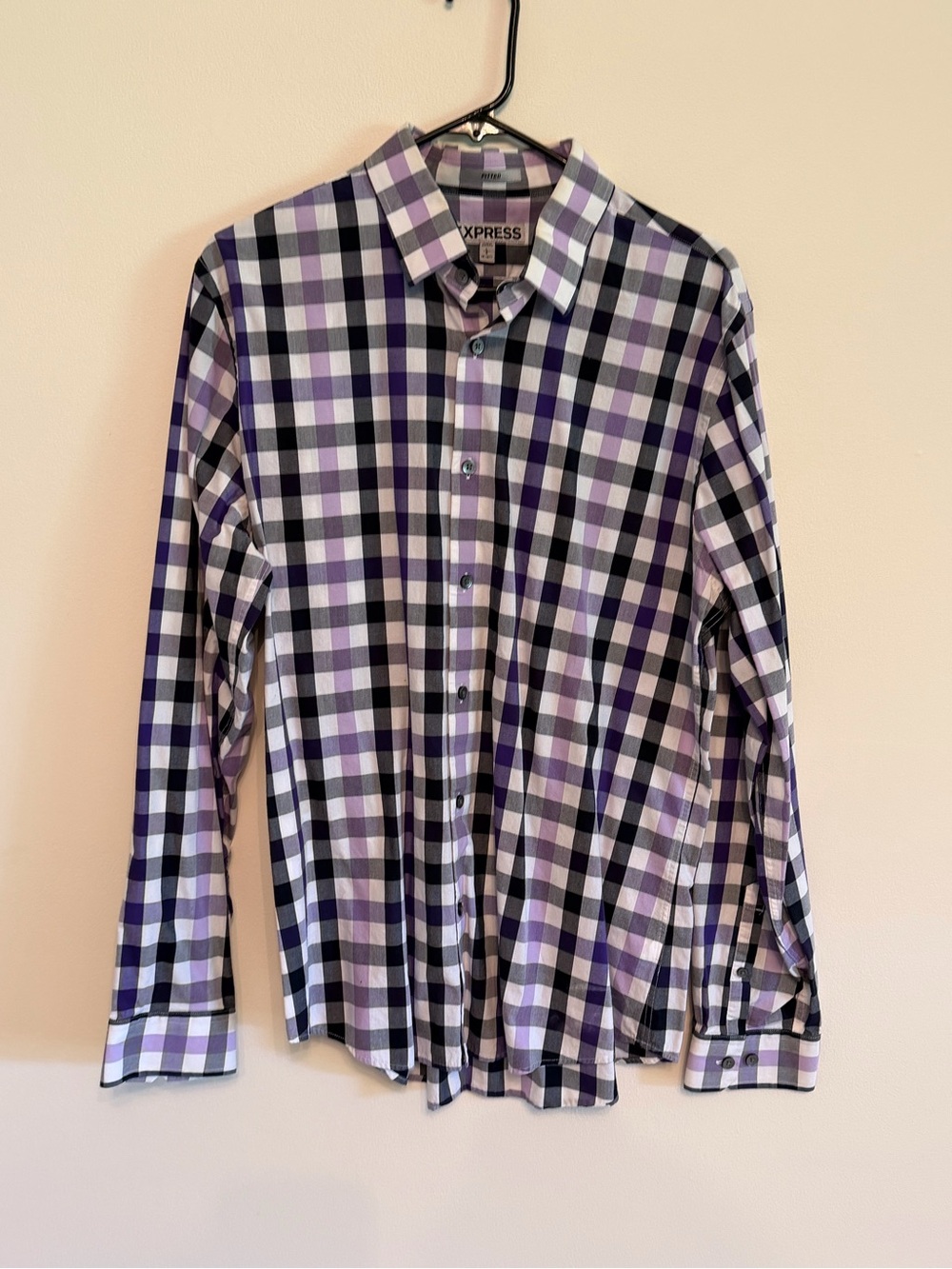 Express Men’s Purple Black White Plaid Button-Down Shirt